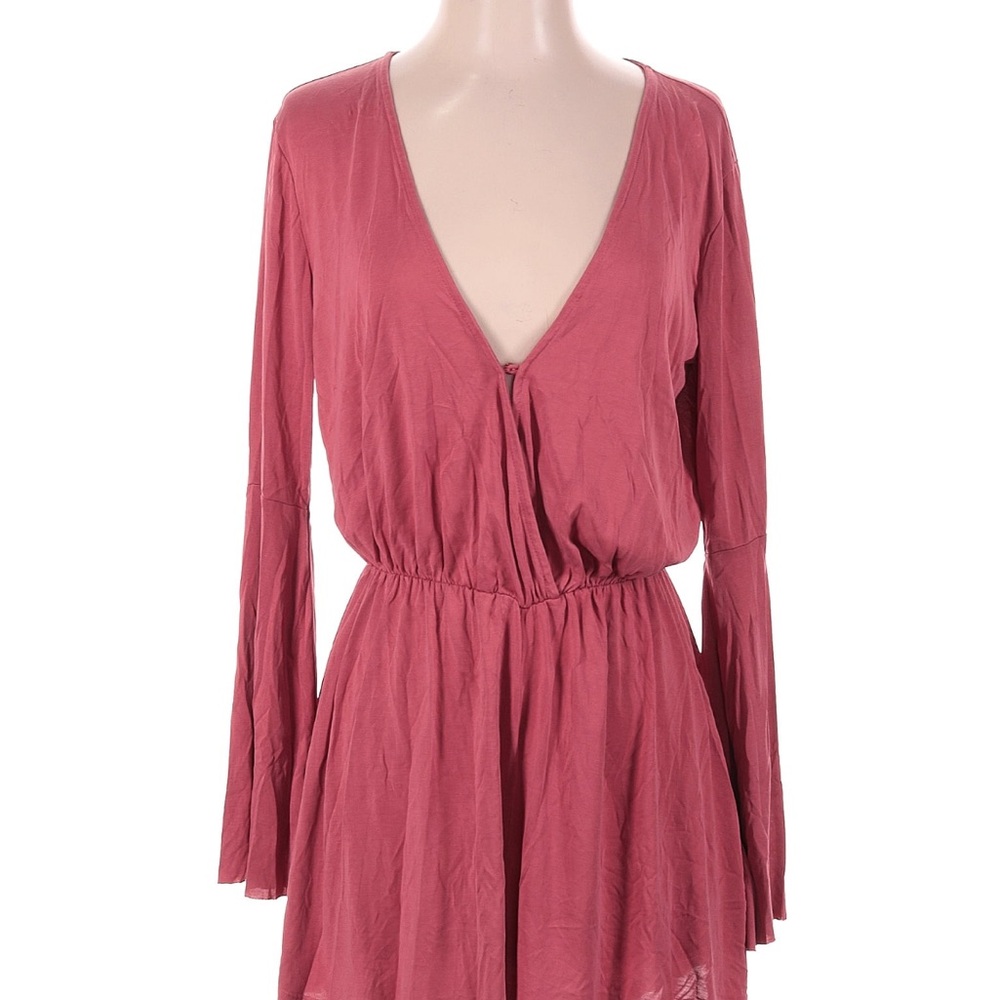 Pink Long Sleeve V-Neck Dress